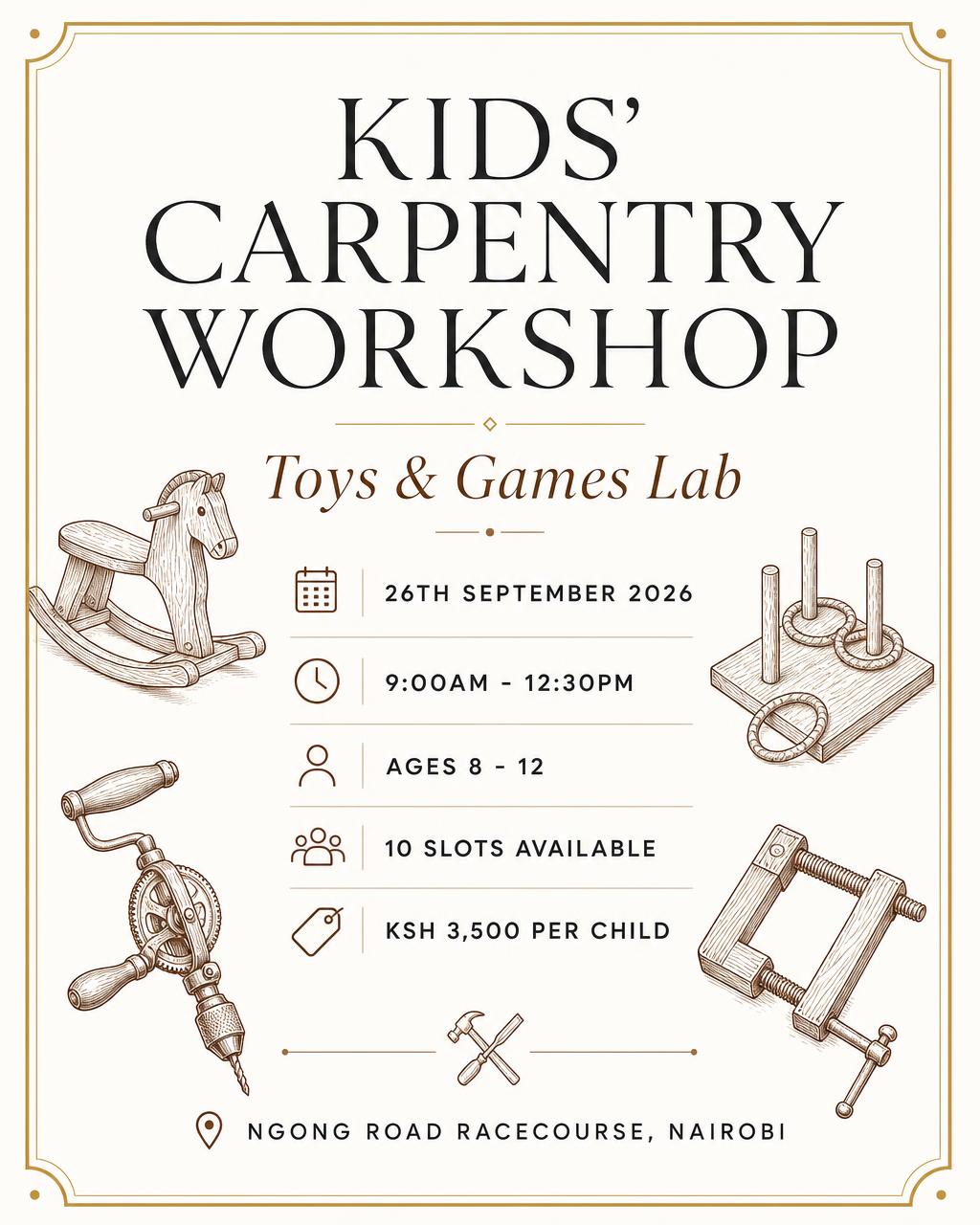 Flyer for the Toys & Games Lab kids' carpentry workshop on 26th September 2026
