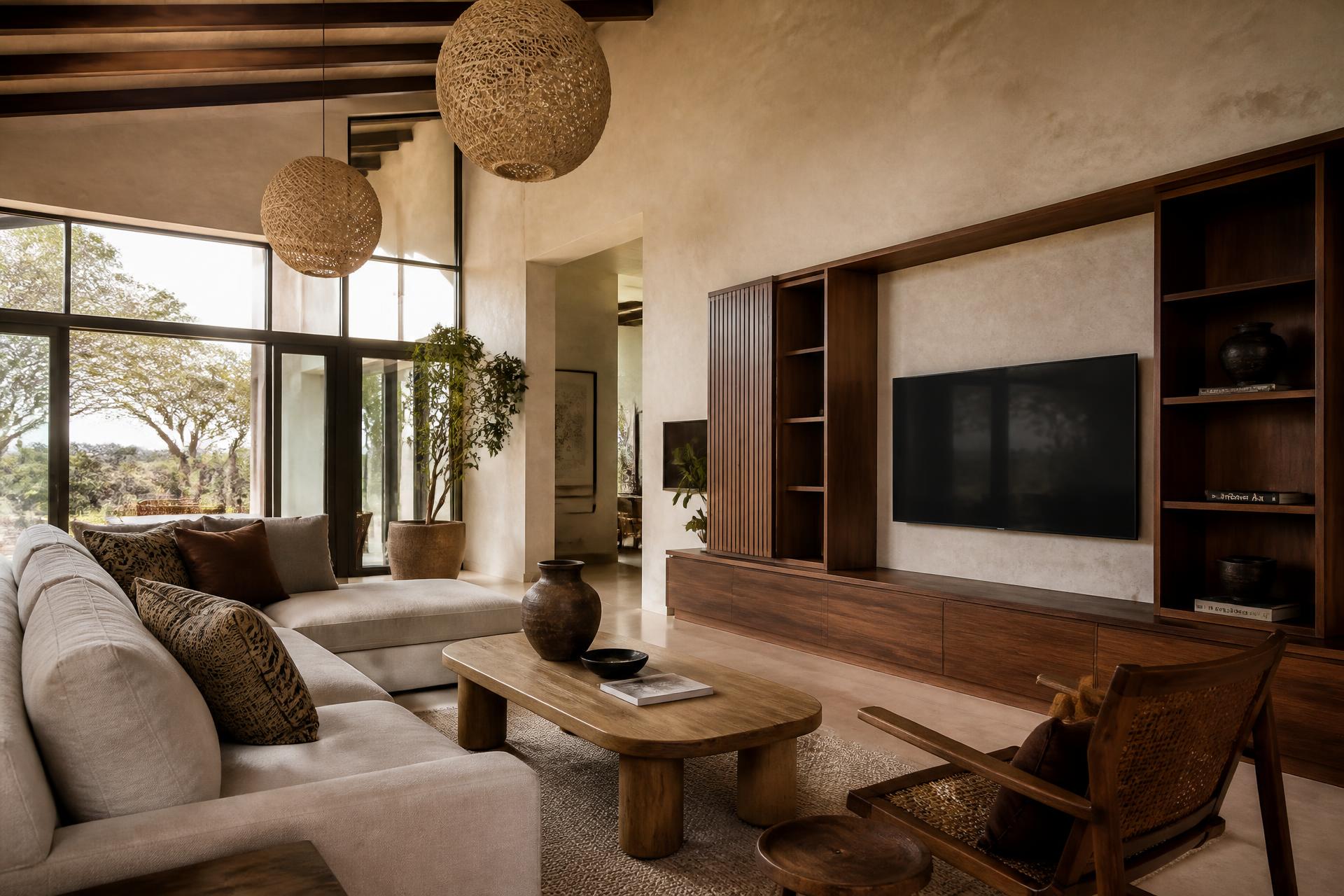 Bespoke walnut media wall in a Nairobi living room by LuCrafts