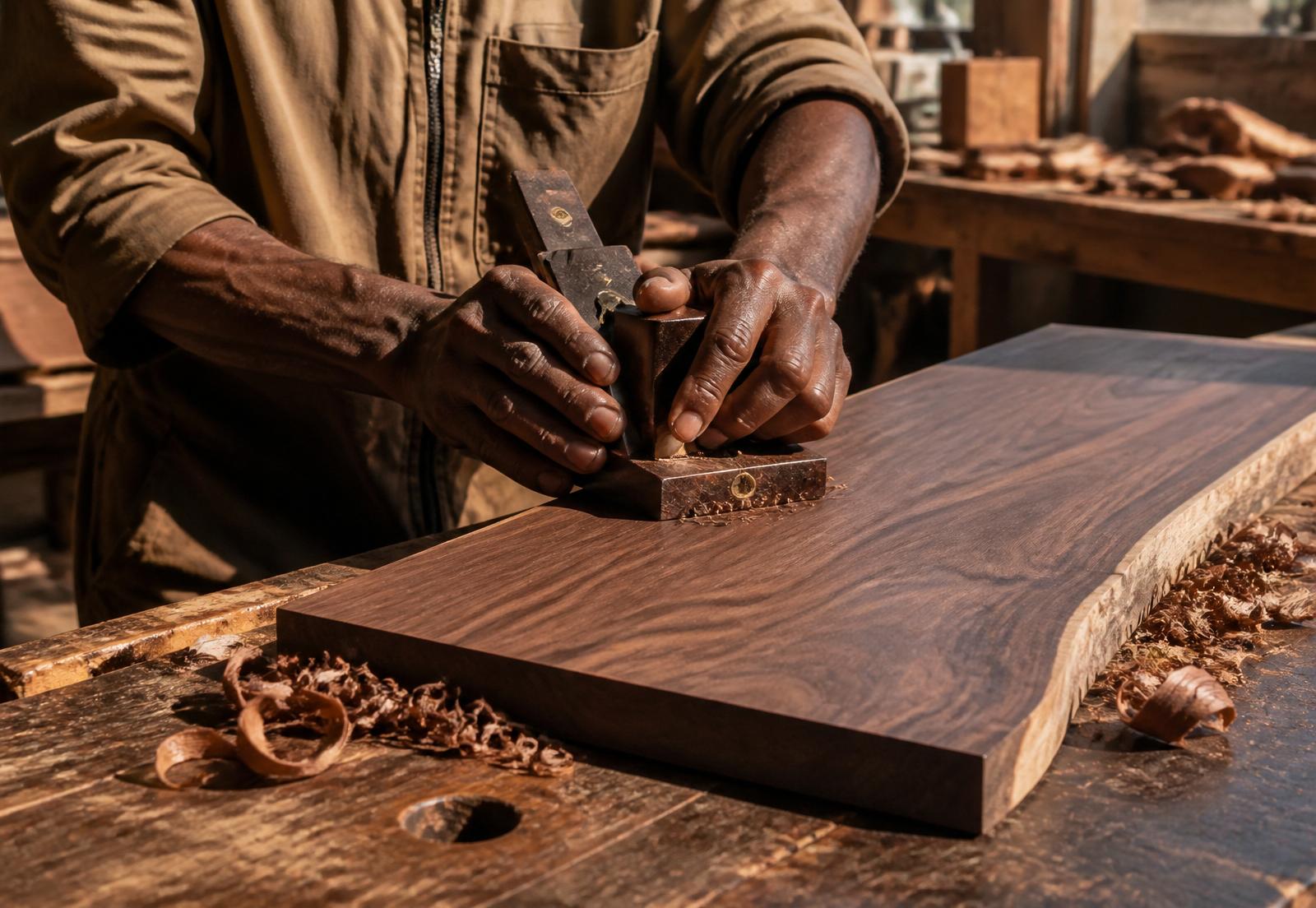 LuCrafts artisan hand-planing walnut in the Nairobi workshop